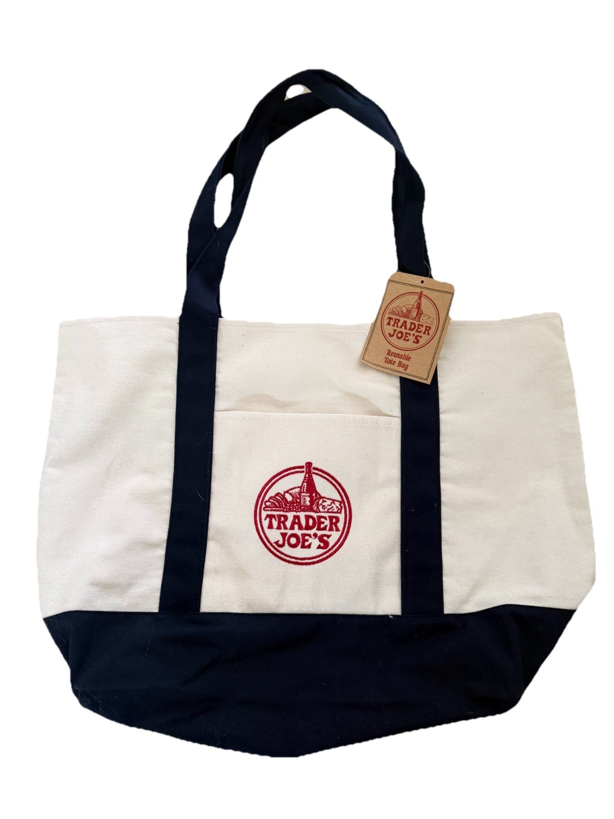 Trader Joe’s Foldable Reusable Shopping Bag White Navy Blue Cotton Polyester