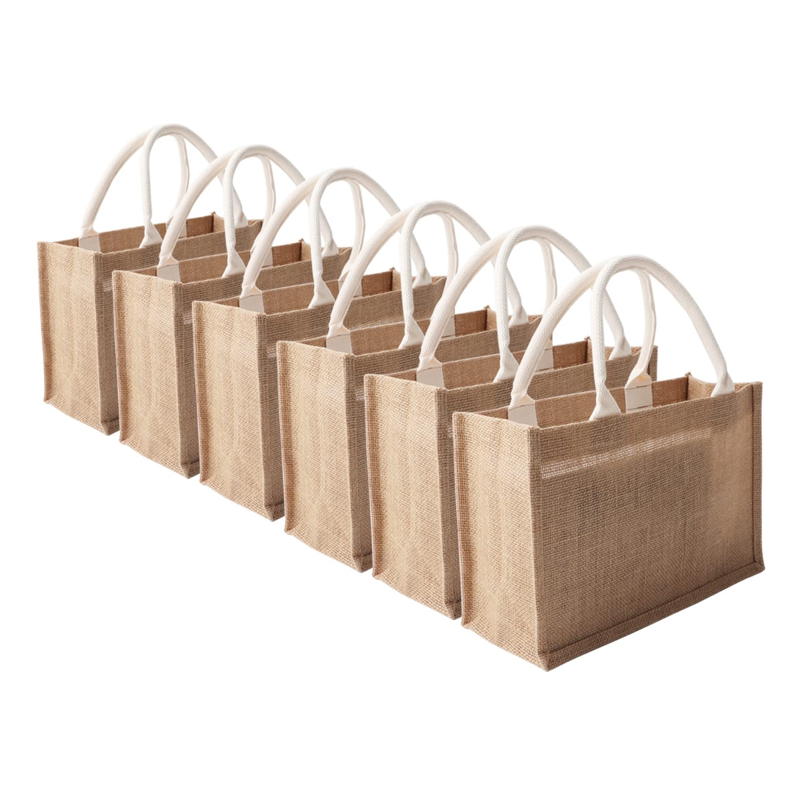 6 PCS 12.6×8.3×5.2 Inch Burlap Jute Tote Bags Handles Reusable Grocery Craft