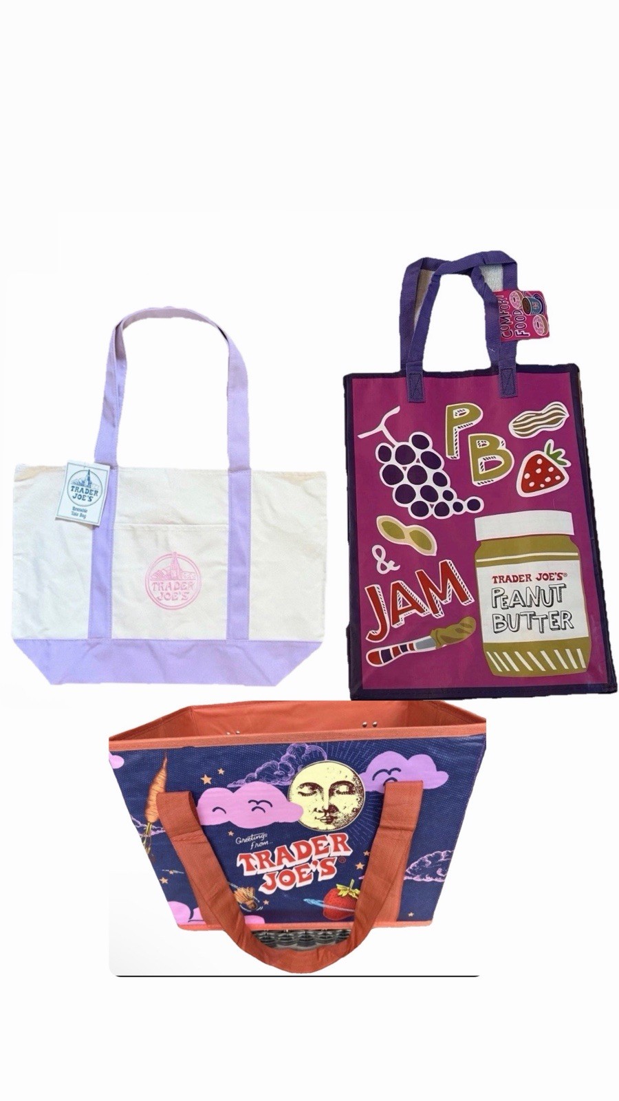 Combo of Trader Joe’s 1 Large Lavender Tote + 1 PB&J + Stand Up Collapsible