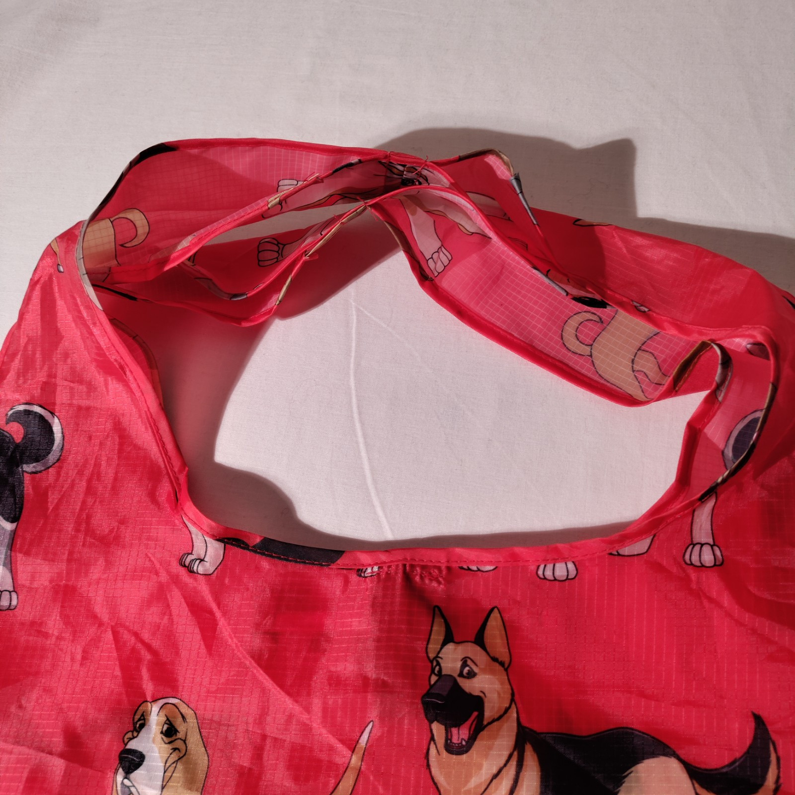 BeeGreen Reusable Nylon Shopping Tote Red Bag with Dogs All Over