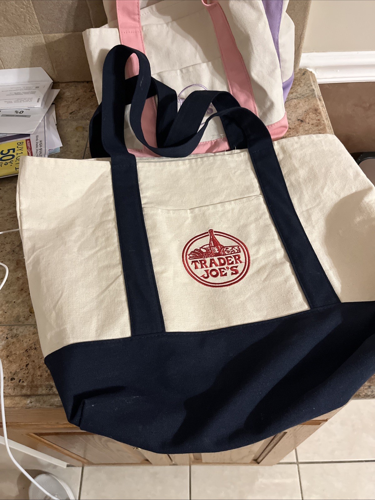 Trader Joe’s Large Navy Blue Canvas Cotton Tote Bag Reusable