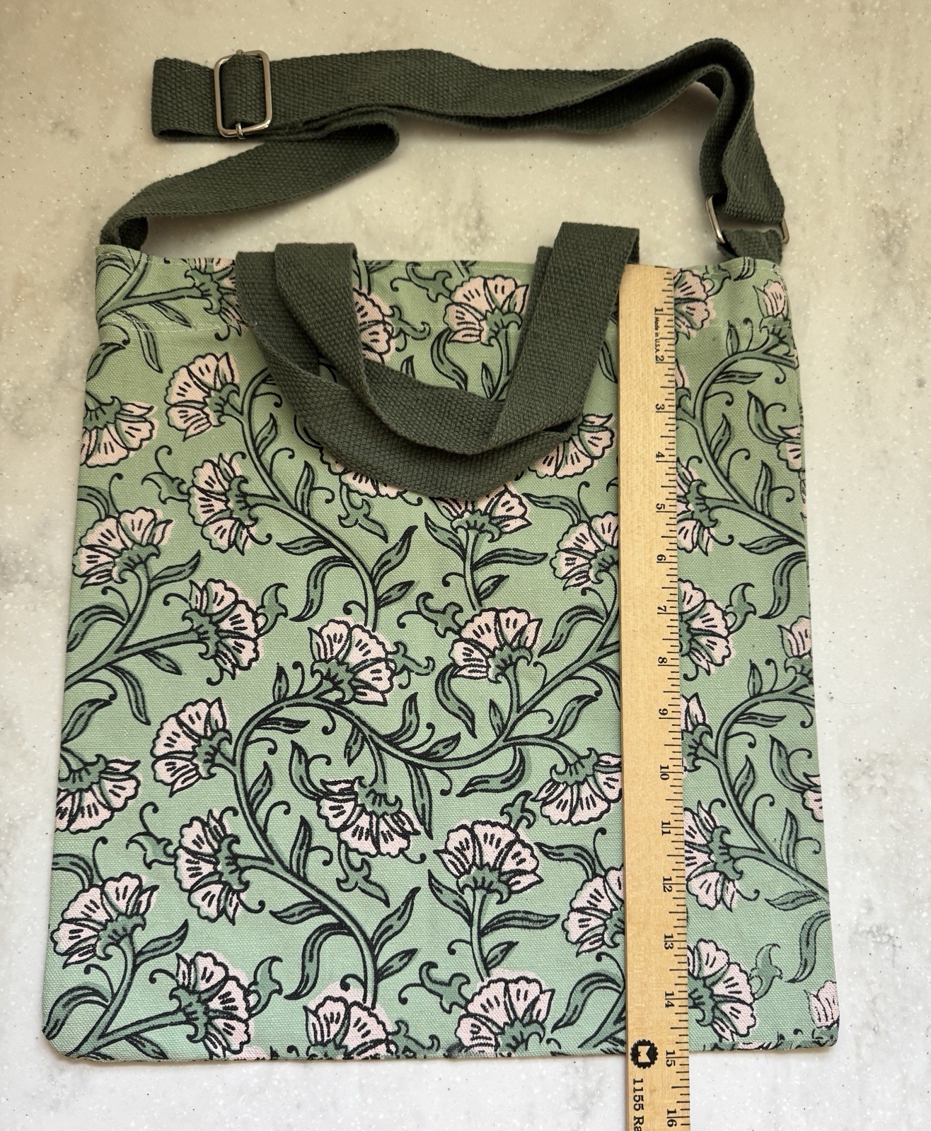 William Morris Style Canvas Tote Double Handles & Straps Green/Pink Floral NWOT