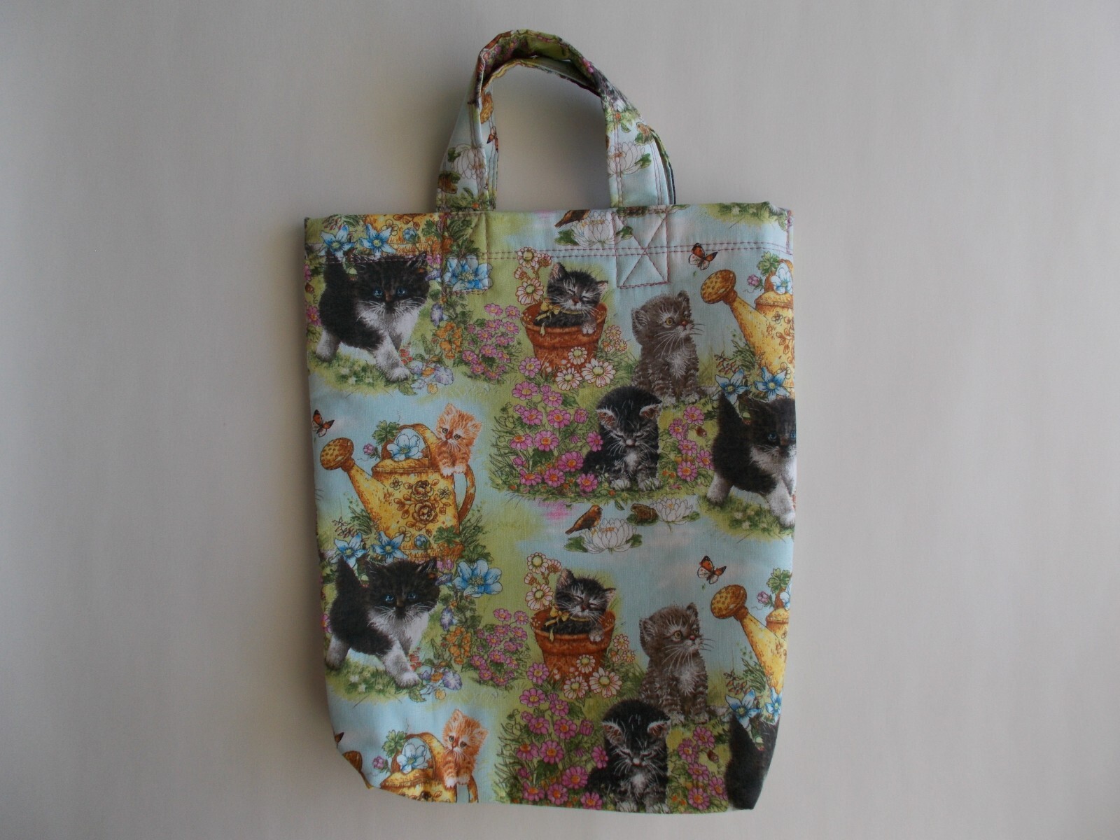 Shopping Bags/Tote, Fabric, Kittens in Garden, Handmade 9″ x 11″