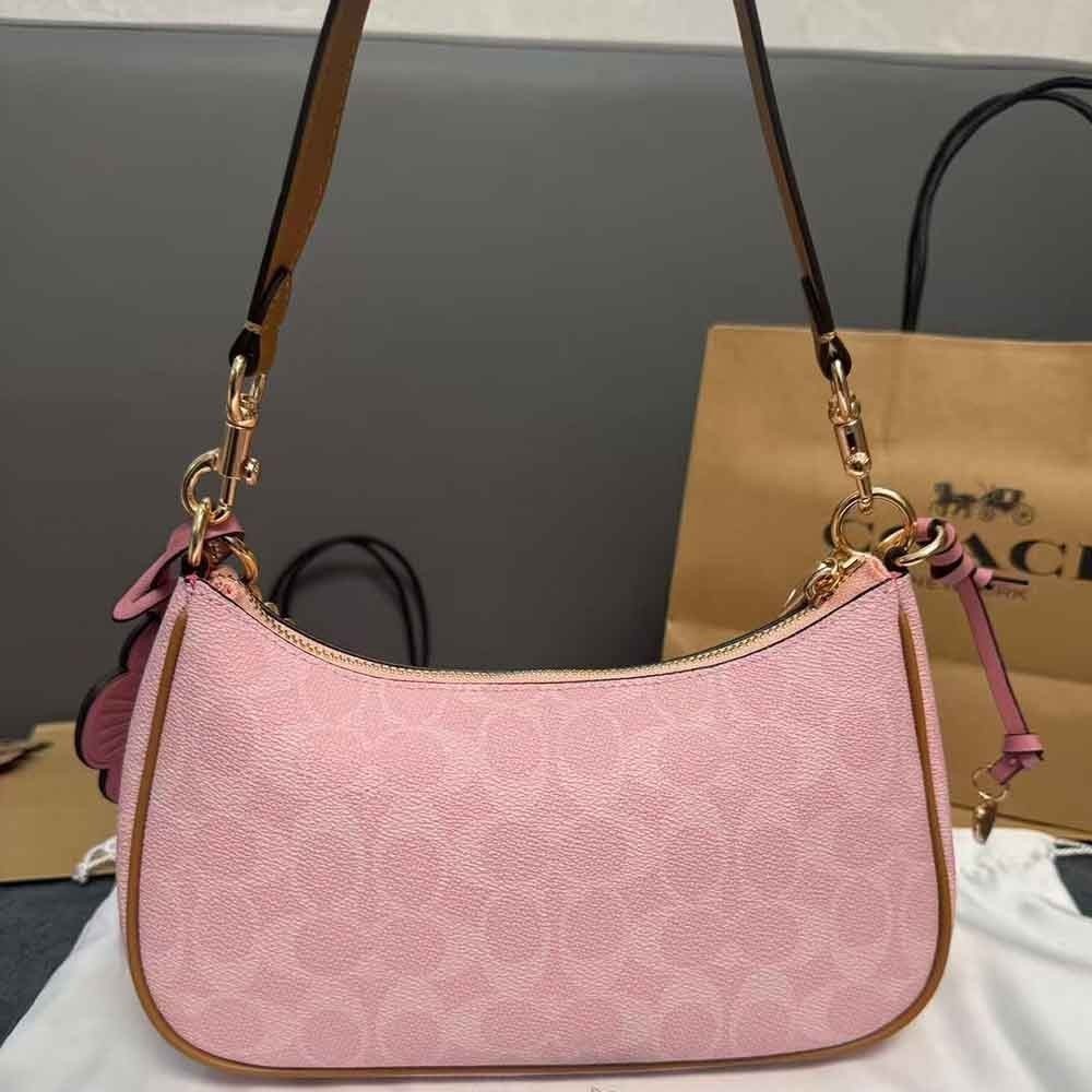 NWT Gold Powder Pink Teri Shoulder Bag Signature with Charms CEA20