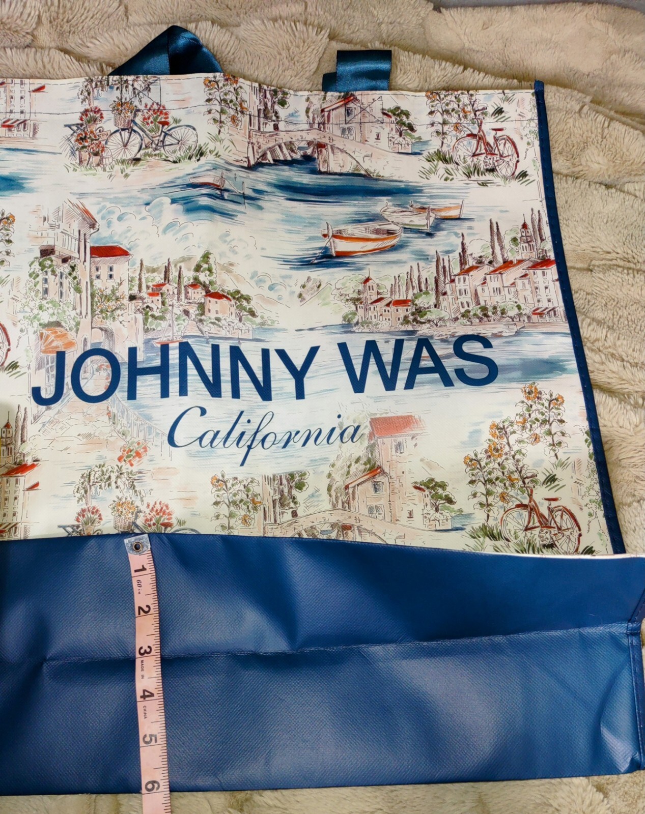 NEW Johnny Was CA Large Shopping Tote Bag Blue Folds Flat Travel Scenes NWOT