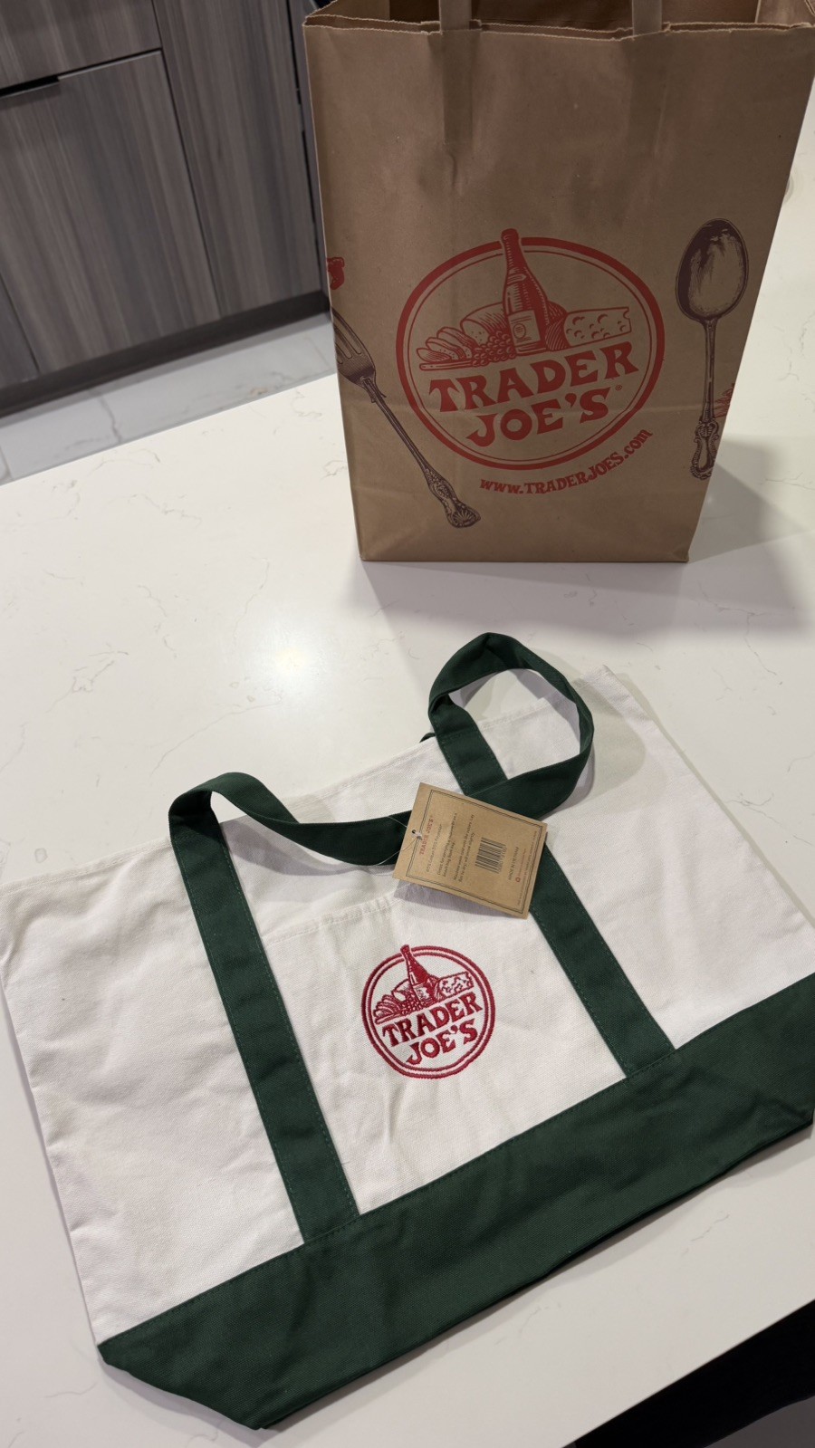 TRADER JOES CANVAS TOTE BAG ~ LARGE ~ GREEN ~ BRAND NEW Paper bag included.