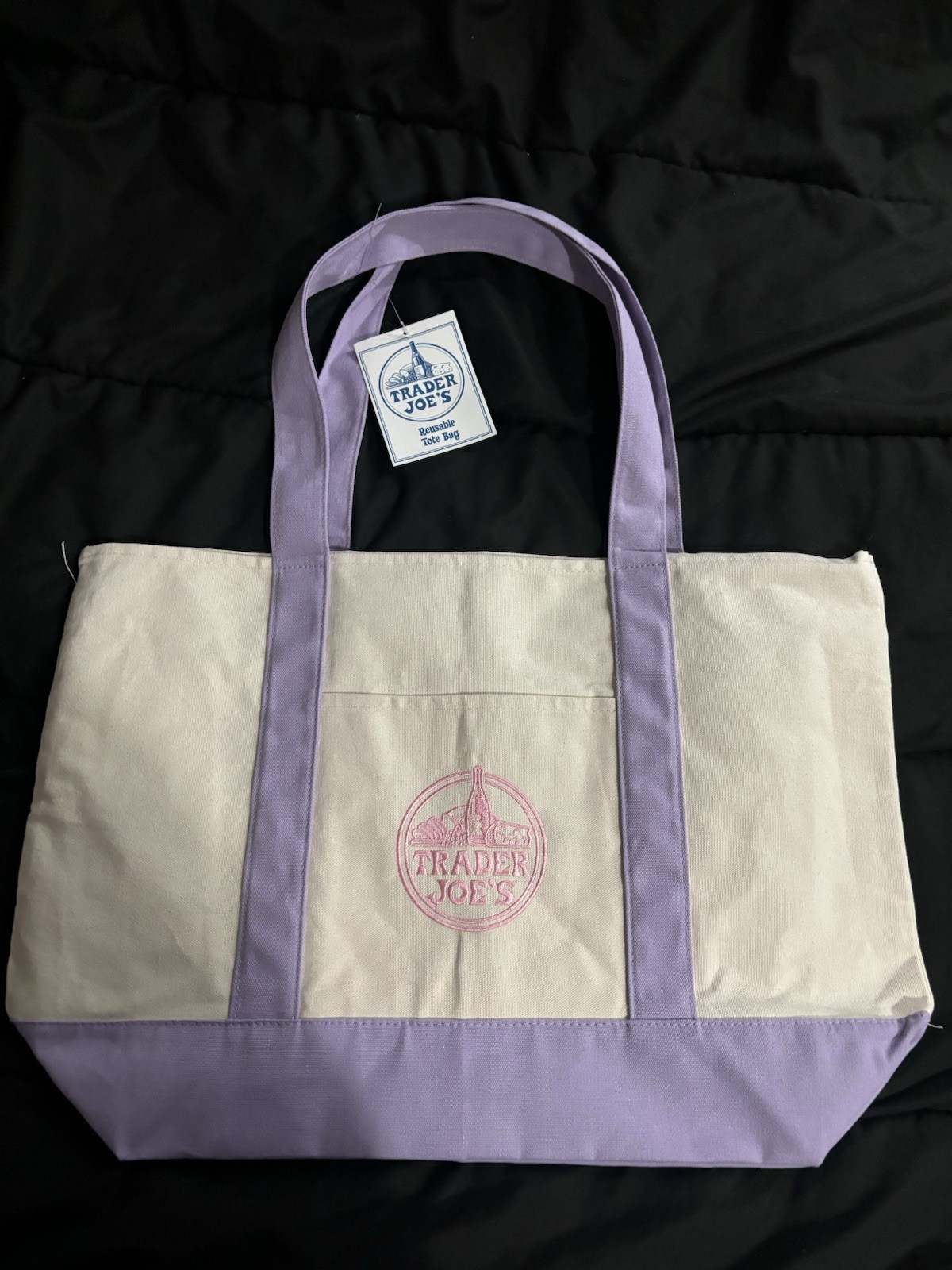 Trader Joe’s Reusable Shopping Bag Foldable Purple Beige spring colllection