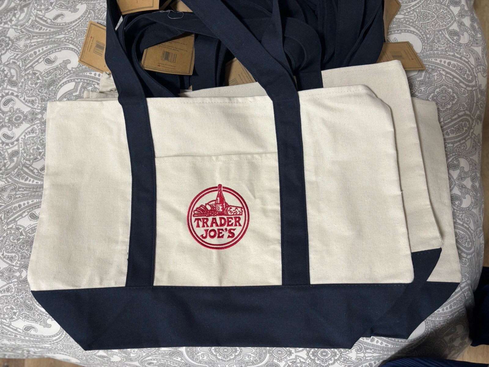 Trader Joe’s Foldable Reusable Shopping Bag Cotton Polyester Beige Navy Blue