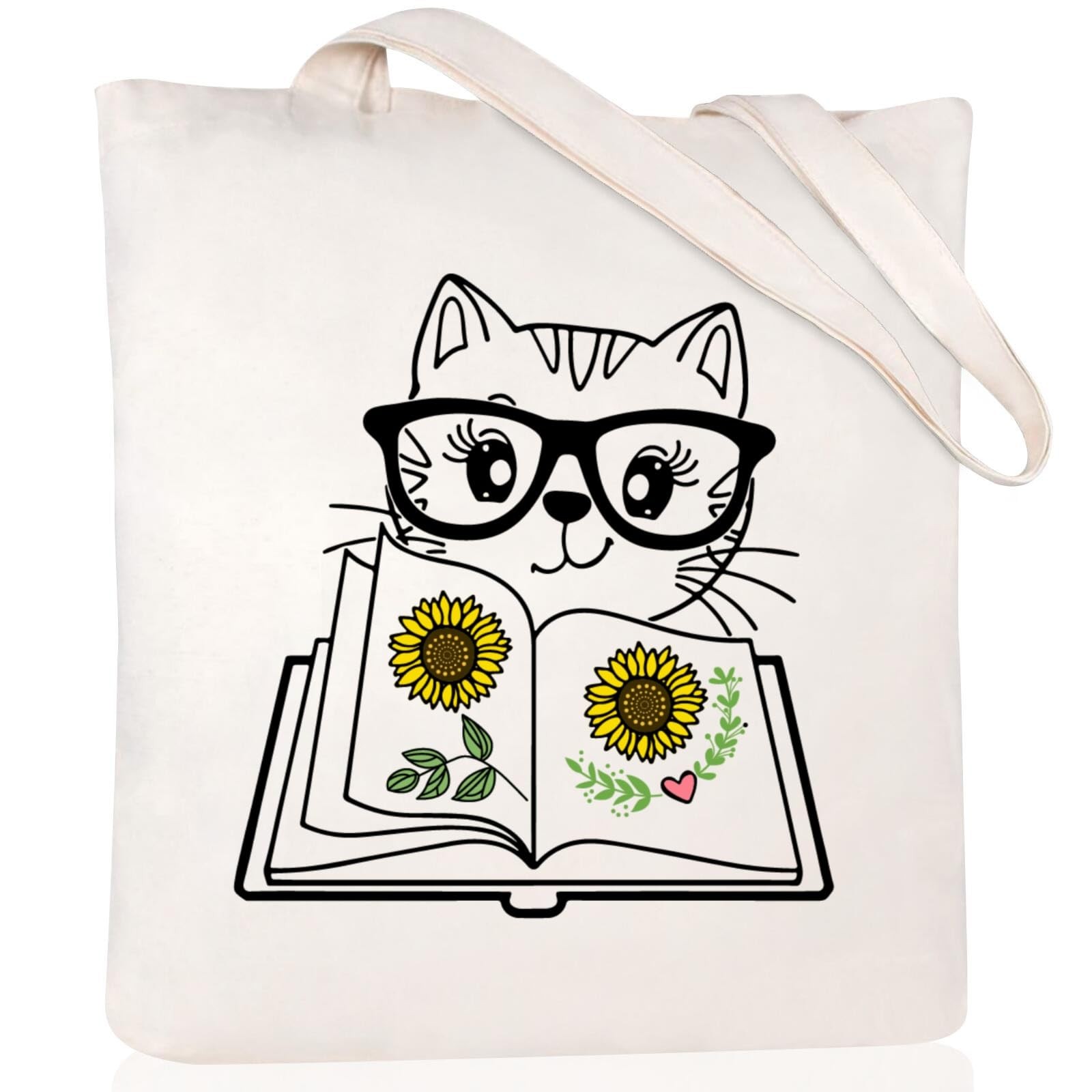 Canvas Tote Bag for Women Aesthetic Cute Cat Book Flower Graphic Tote Bag wit…