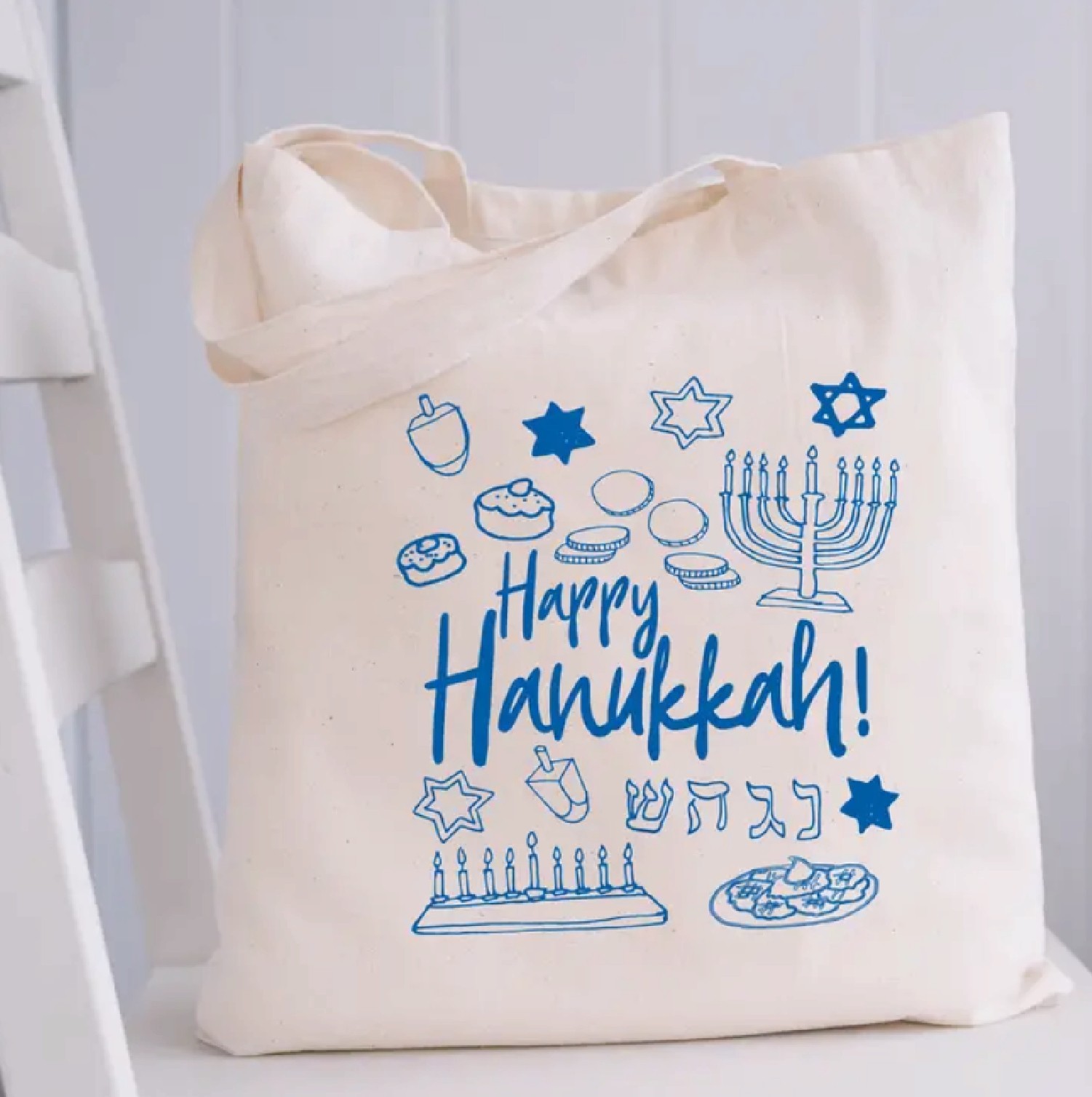 Happy Hanukkah Icons Lightweight Canvas Market Tote Reusable Shopping Bag NEW