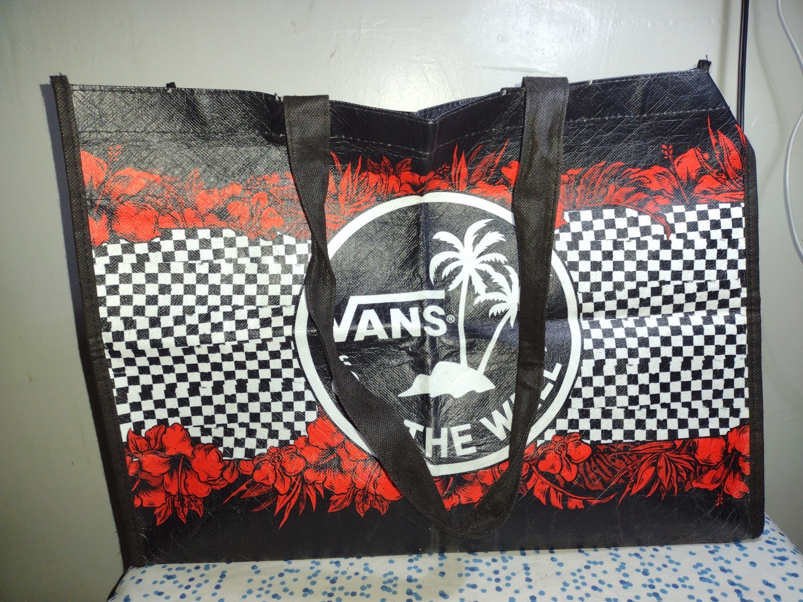 Vans Off The Wall Reusable Large Black Checked Red Floral Shopping Tote Bag