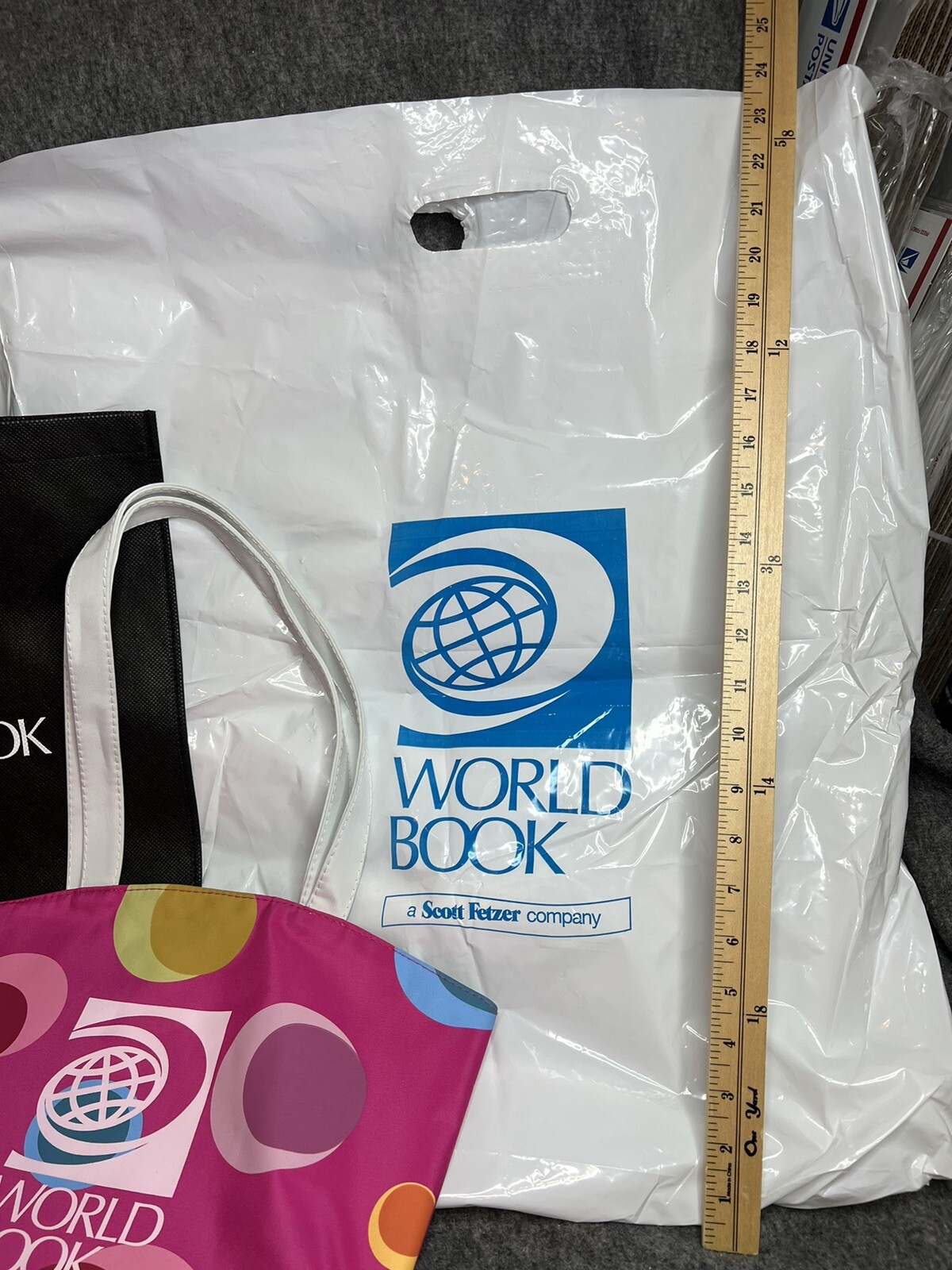 Four World Book Encyclopedia Branded Tote Bags / Large Branded Plastic Bag