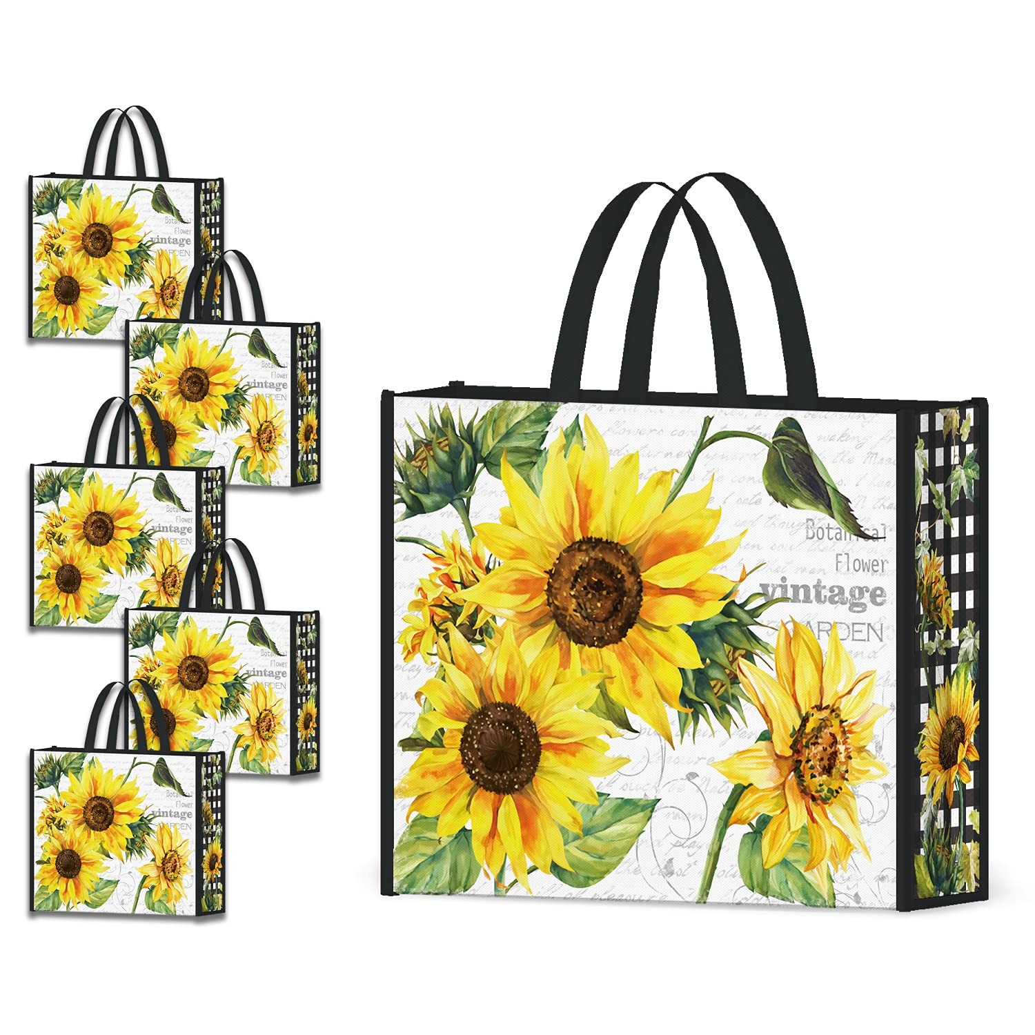 5 PCS Reusable Shopping Bags Sun Flowers Washable Fabric Grocery Totes