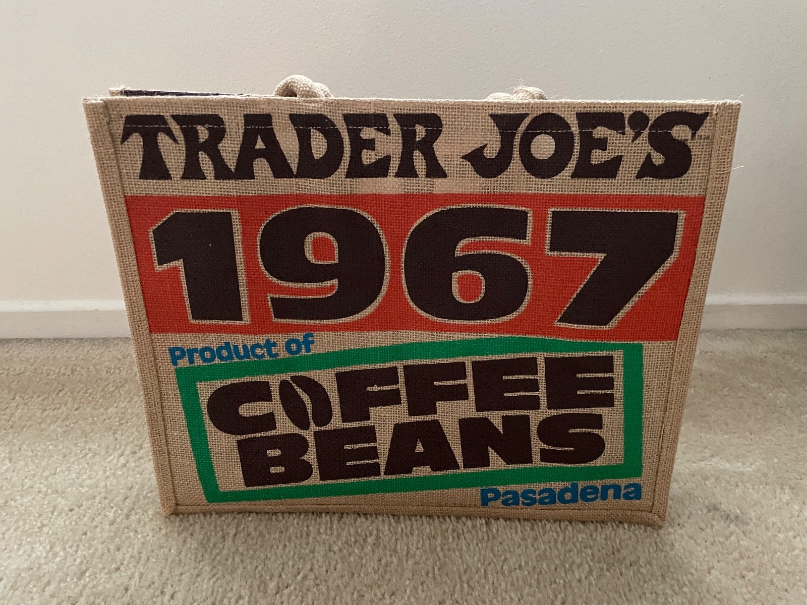 NEW Trader Joe’s Large Burlap Jute Tote – 1967 Coffee Bean Bag – with tag