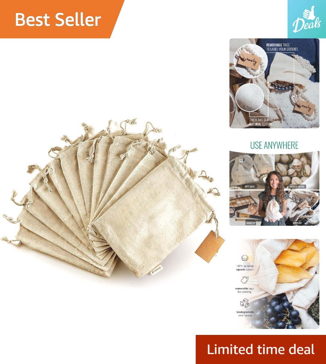 12 Pack of Biodegradable Organic Cotton Reusable Produce Bags – Small Size