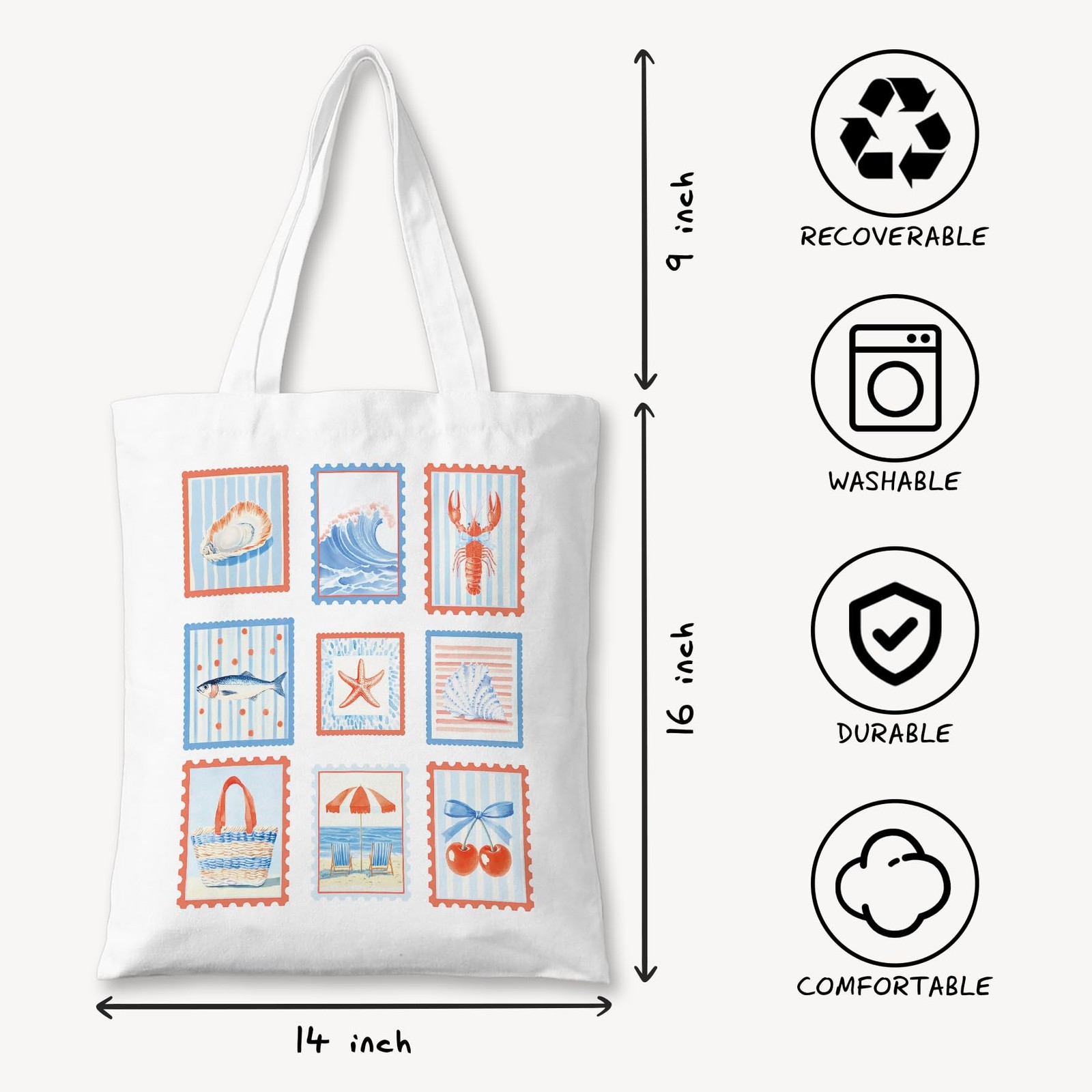 Coastal Beach Stamp Canvas Tote Bag – Vintage Seaside Design Reusable Grocery…