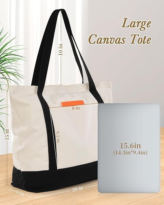 3 Pack Canvas Tote Bags Zippered Reusable Grocery Shopping Beach Bags