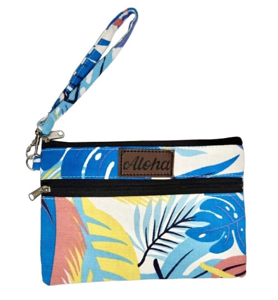 Hawaiian Print Canvas Wristlet Handbags Blue Paradise Palms Hawaii Island Aloha