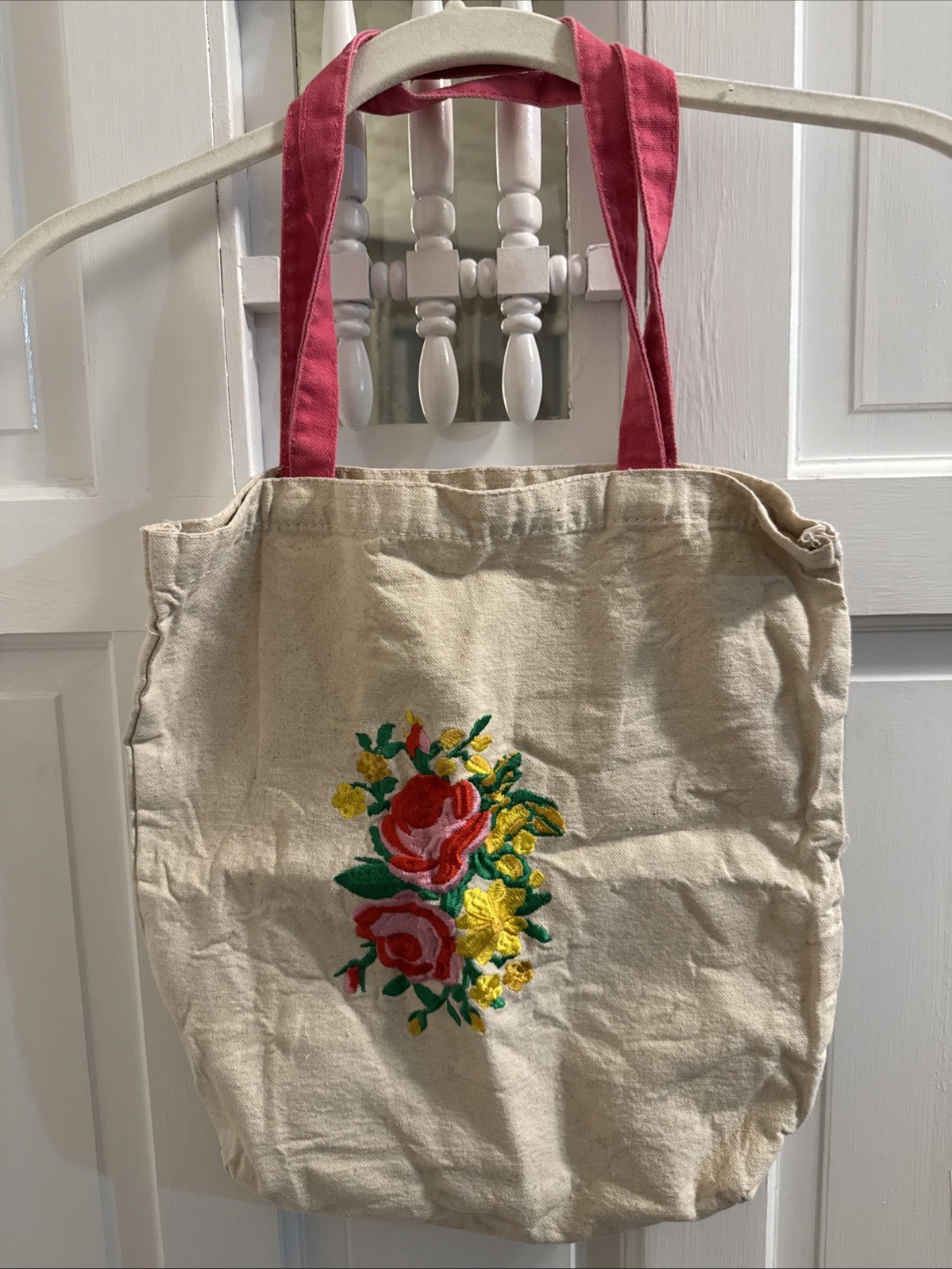 Vintage Reusable Embroidered Flower Cotton Grocery Tote Bag & Pink Strap 13X13X3