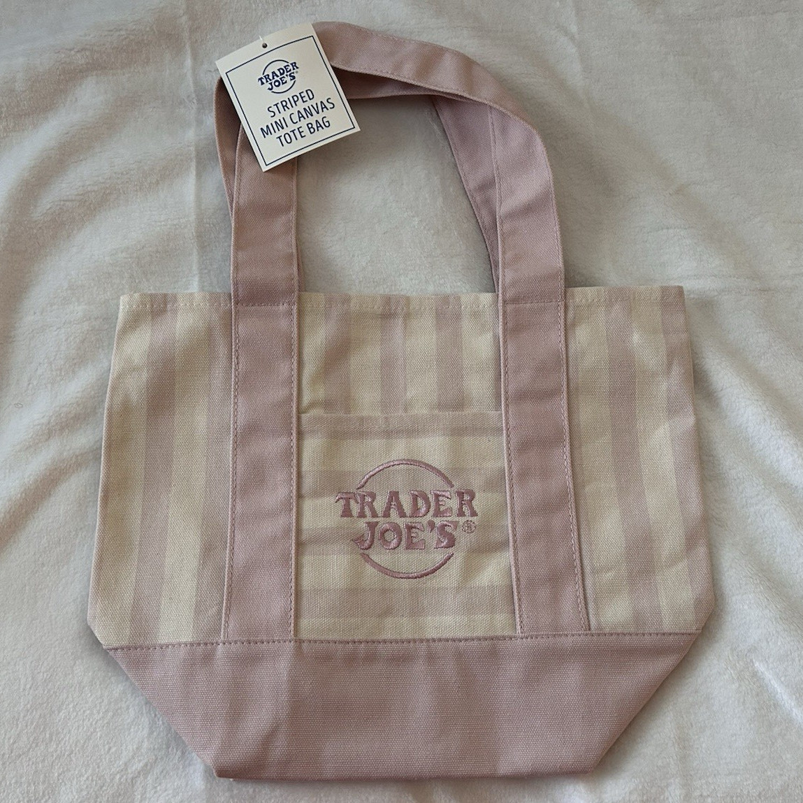 Trader Joe’s Pink Striped Mini Canvas Tote Bag Reusable Pink/Beige 1.75 gal