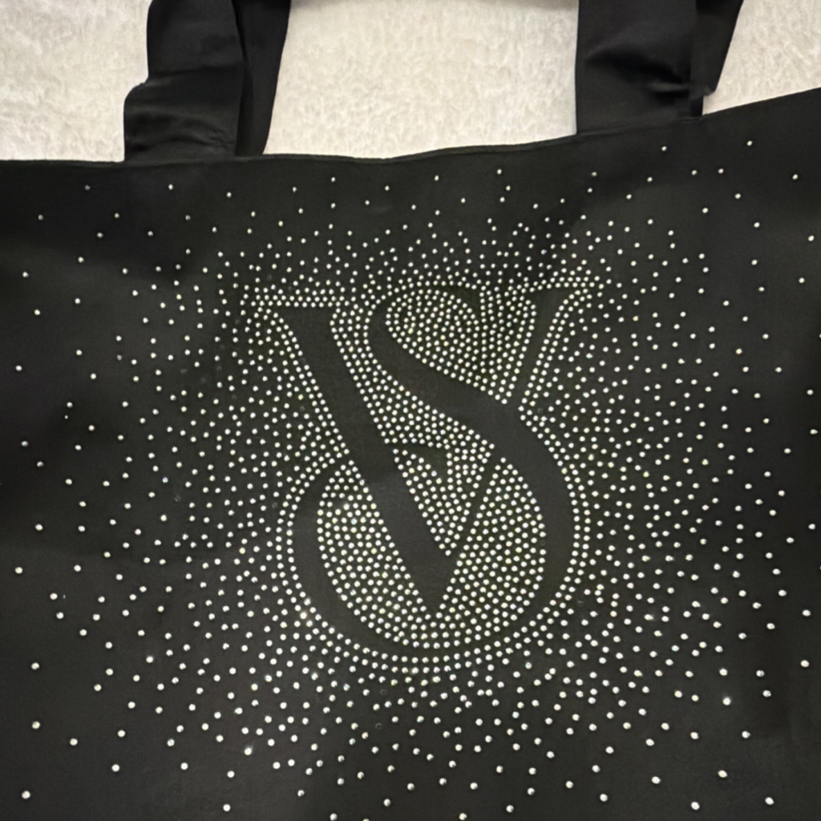 Reusable Black Tote Shopping Bag, Rhinestone-Style VS Logo, Double Handles