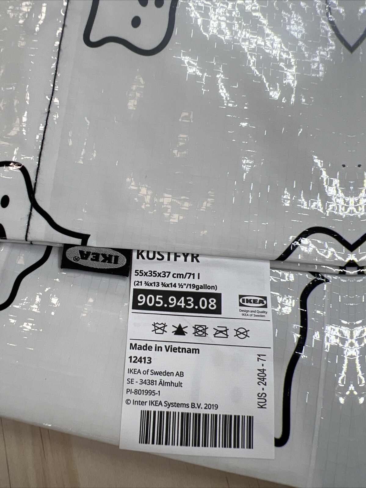 Ikea KUSTFYR Shopping Bag Tote Large 19 Gallon White/Black Ghost 21 ¾x13 ¾x14 ½”