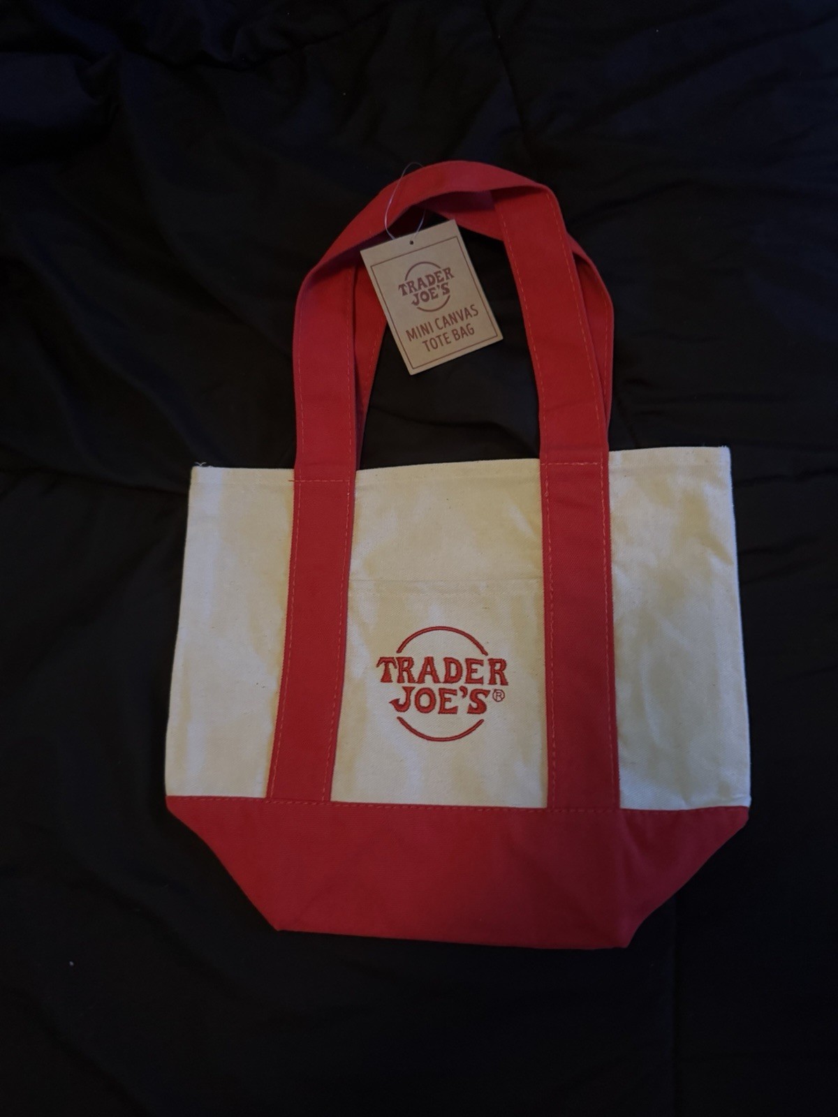 Trader Joe’s Mini Canvas Tote Bag Foldable Colorblock Red Beige Small
