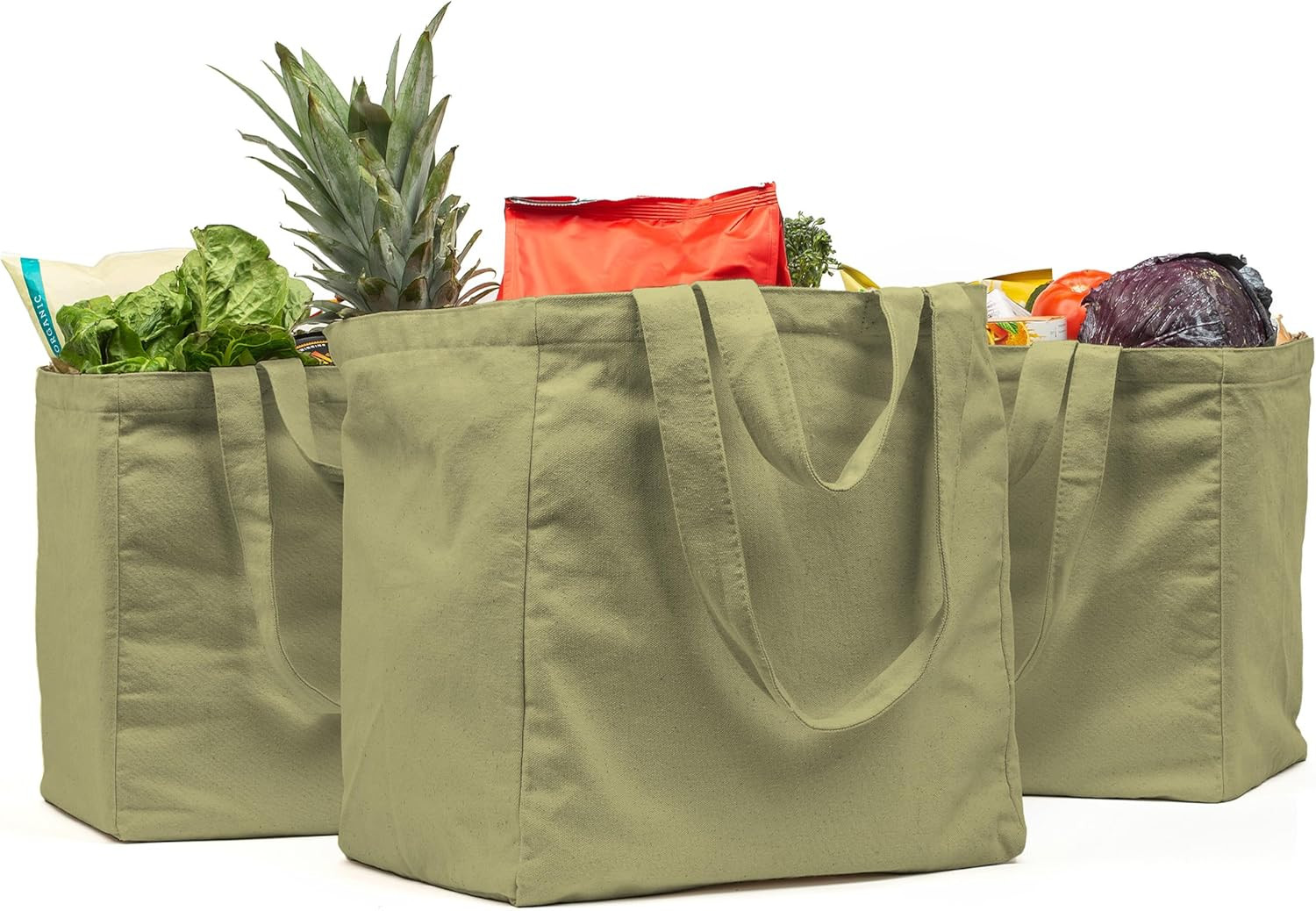 Canvas Grocery Bag 3Pc XL Set with Real Pockets, Long Shoulder Strap and Short H