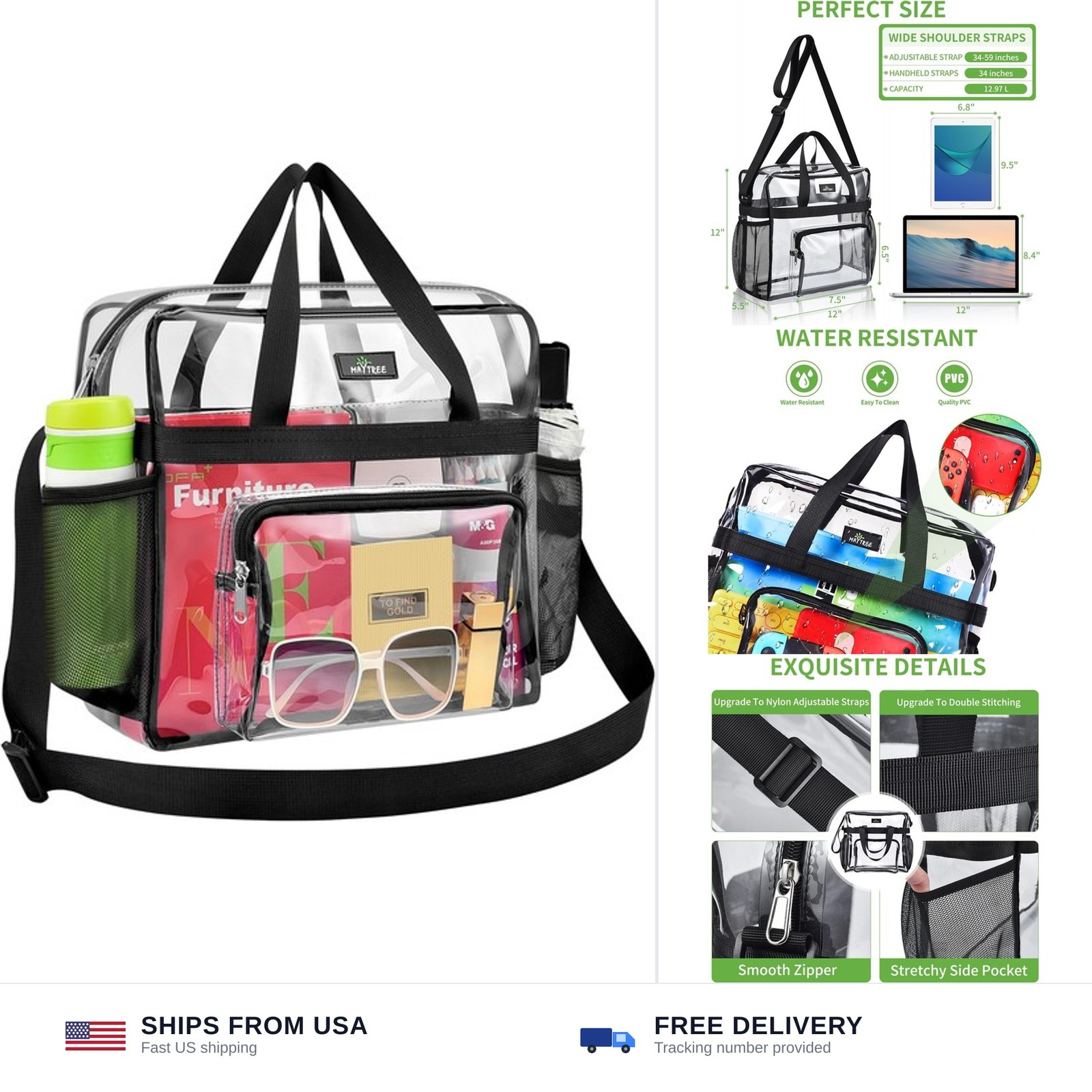 MAY TREE Clear Bag for Stadium Events, 12×5.5×12 Clear Tote Lunch Bag with No…