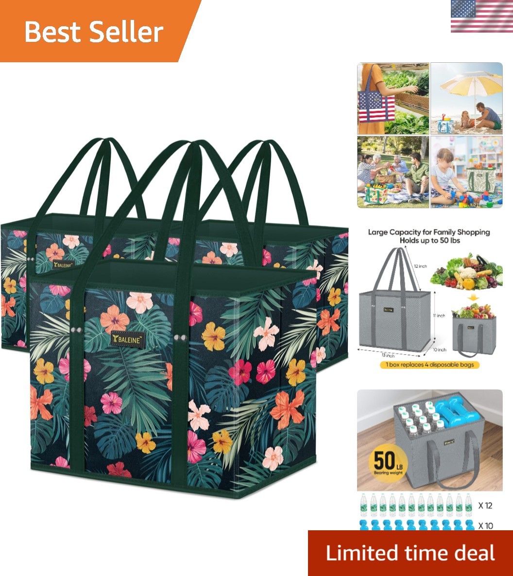 3Pk Reusable Grocery Bags, Foldable Shopping Bags for Groceries with Reinforc…