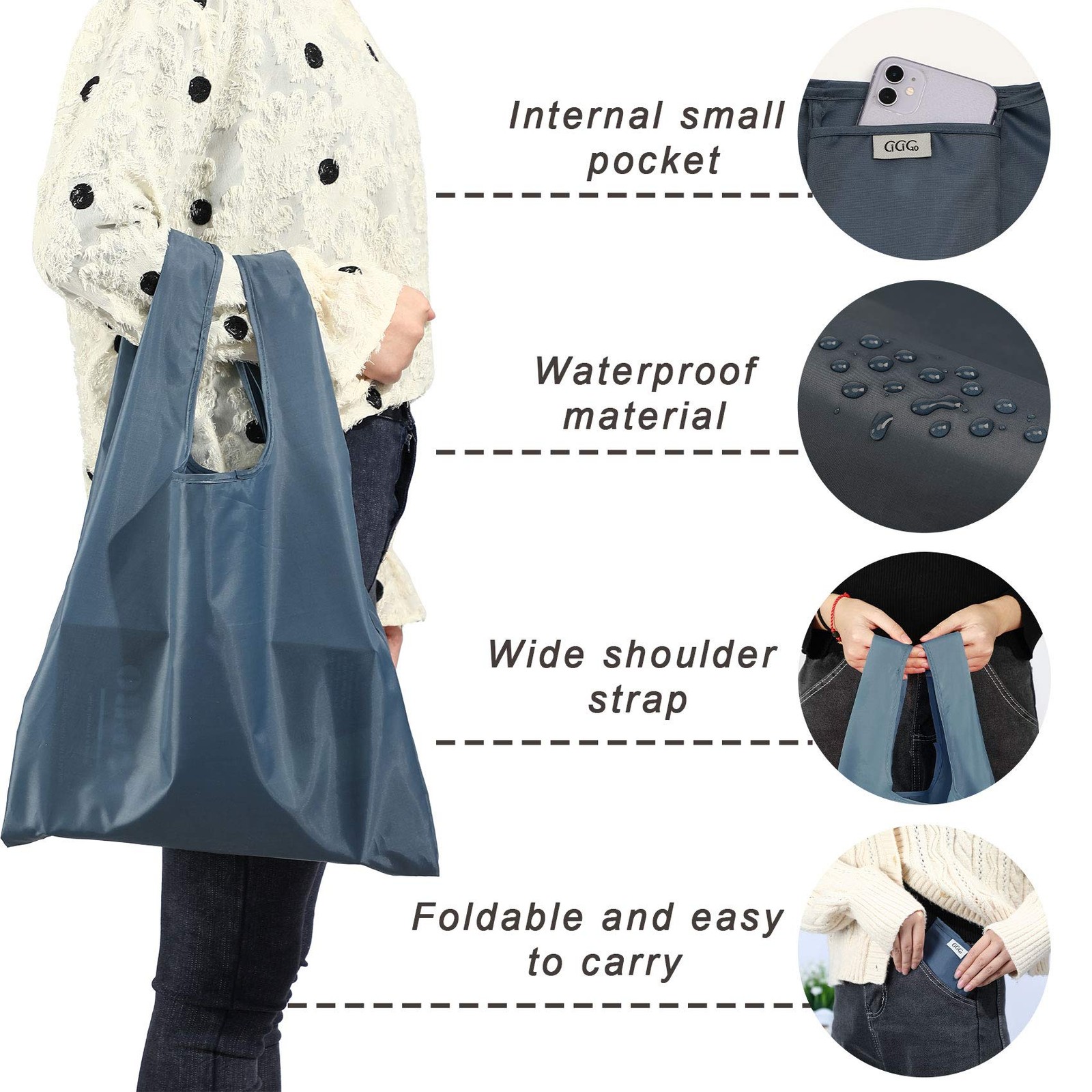 Large Reusable Bags Shopping Washable Foldable 6 Pack Large, Gray