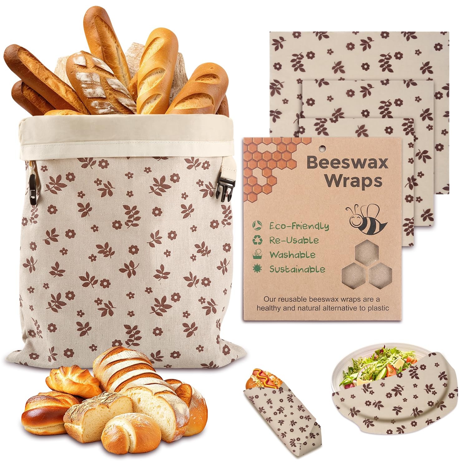 Beeswax Bread Bags, Reusable 17″ X 13″, Coffee brown bread bag and wrap
