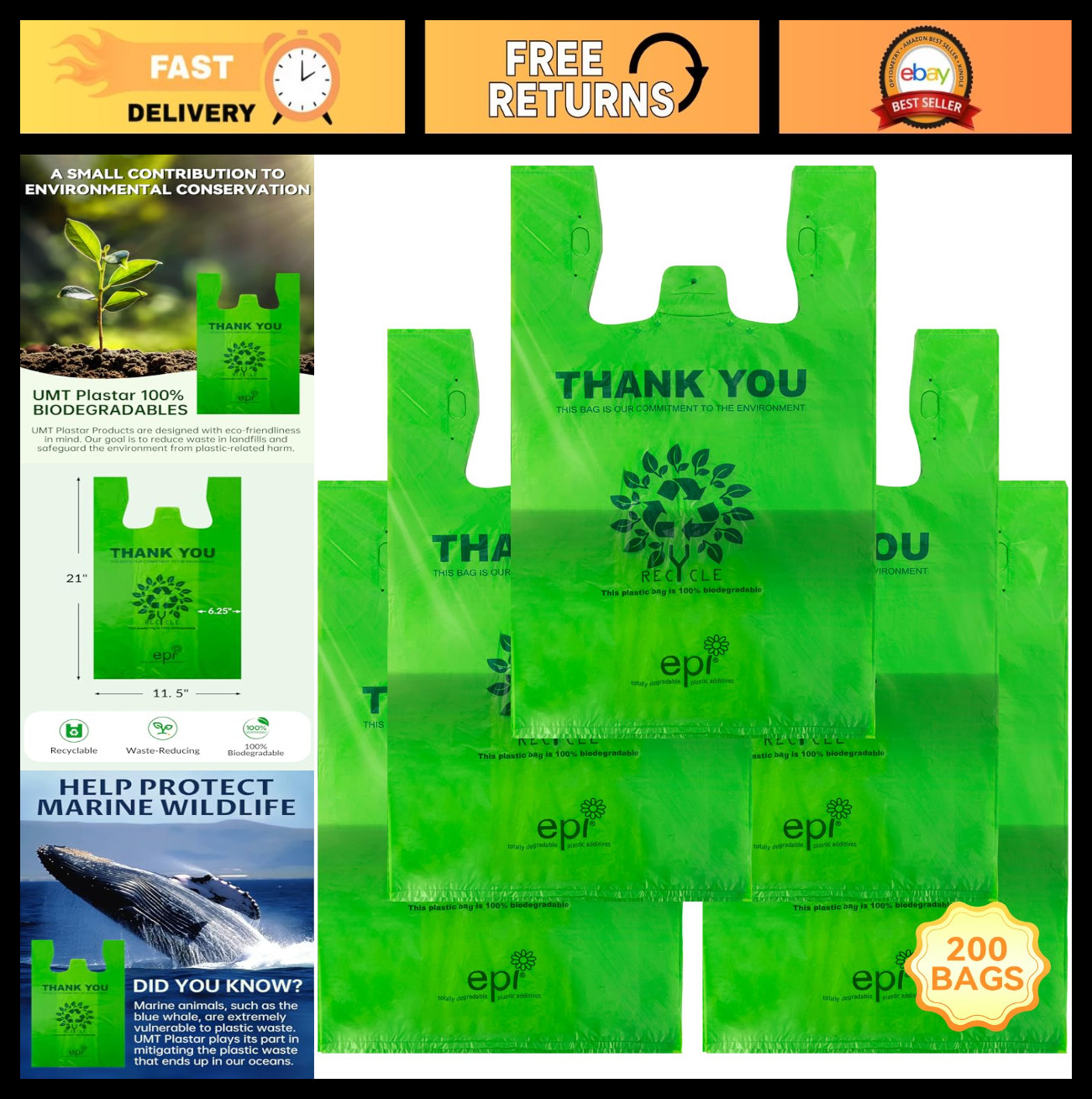 “200 Large Recyclable Compostable Biodegradable T-Shirt Grocery Bags 11.5×6.25×2