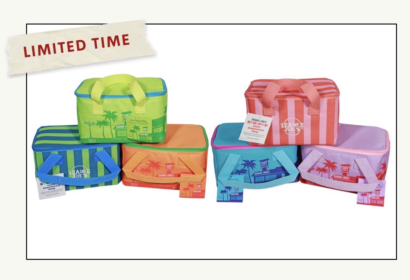 Trader Joes 2026 Mini Insulated Tote Summer 1 Bag SHIP TODAY Green/ORANGE/PURPLE