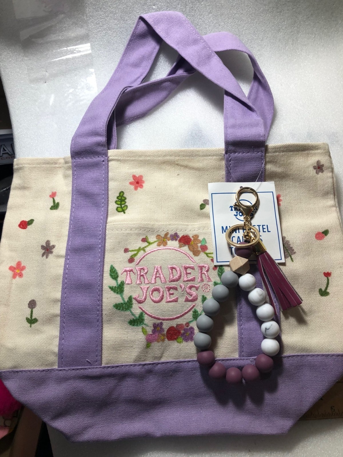 Flowery Hand Drawn w/NAME Trader Joe’s Mini LAVENDER Canvas Tote Bag 13″Wx10″L(S