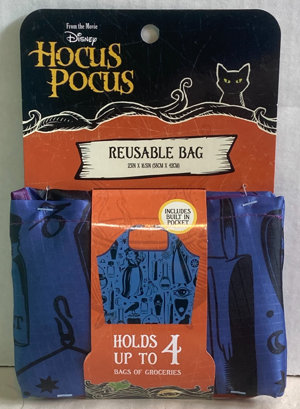 Disney Hocus Pocus Reusable Grocery Bag 23″ x 16.5″ Pocket Easy Fold Up (A)