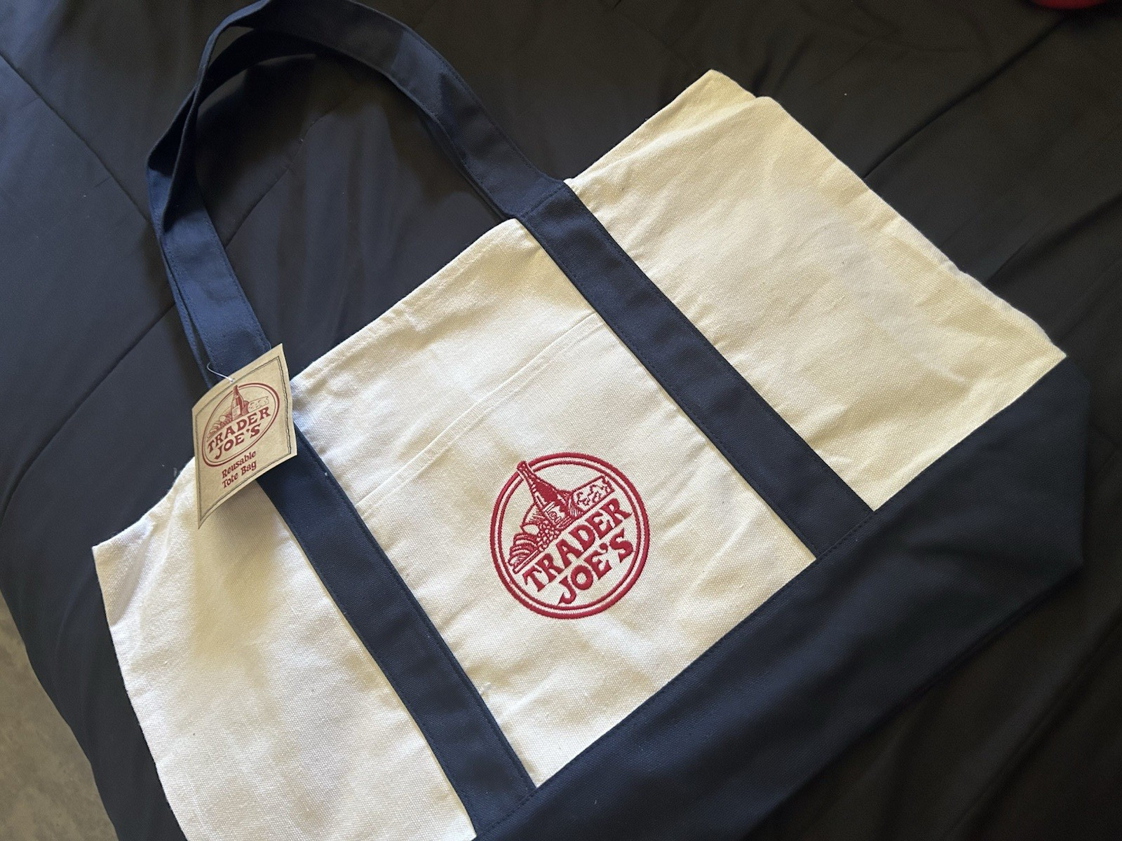 Trader Joe’s Reusable Tote Bag Beige/Blue Logo Pattern 13 x 6 x 10 in