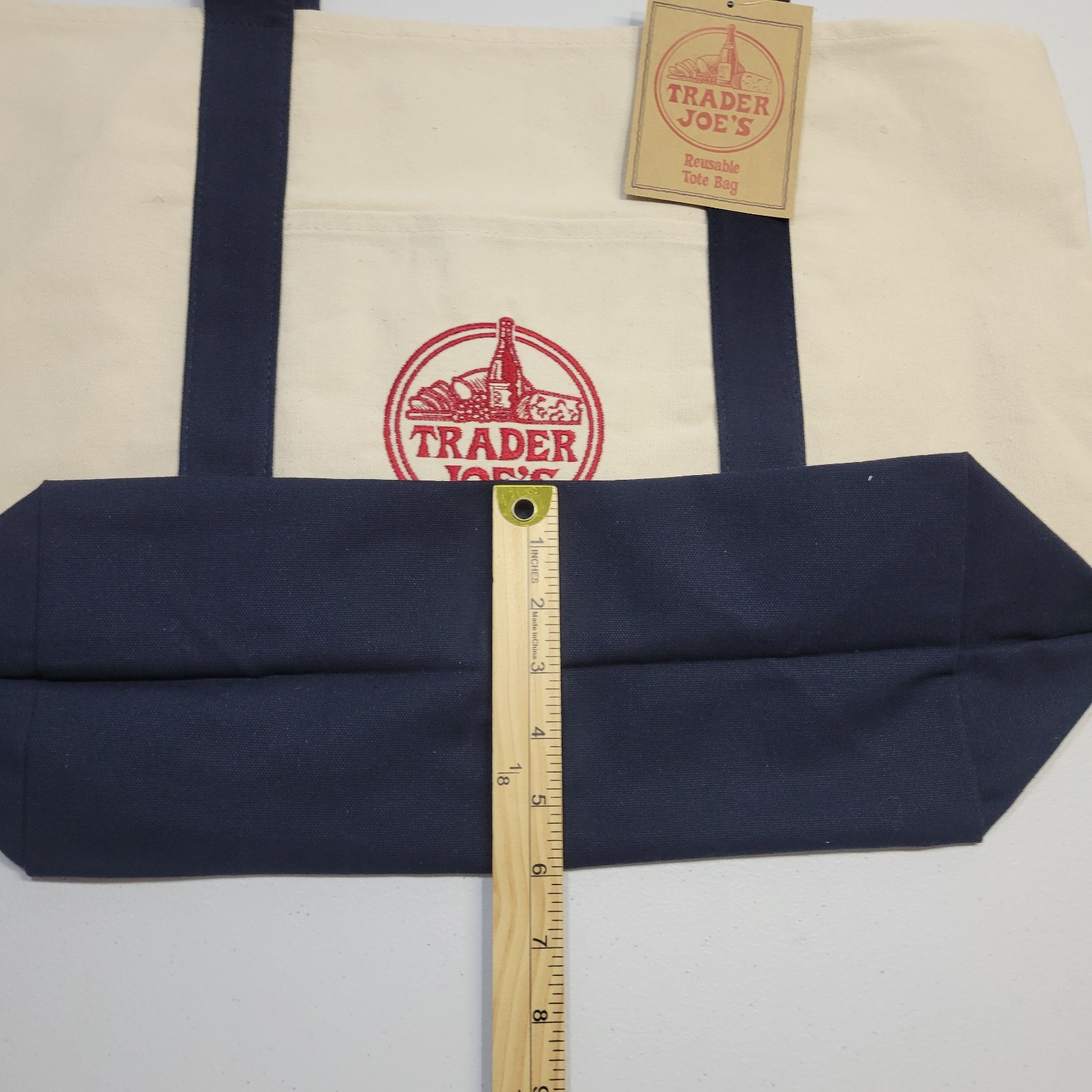 NWT Trader Joe’s Large Canvas Tote Reusable Bag 20x14x6″ Navy Blue/White * NEW *