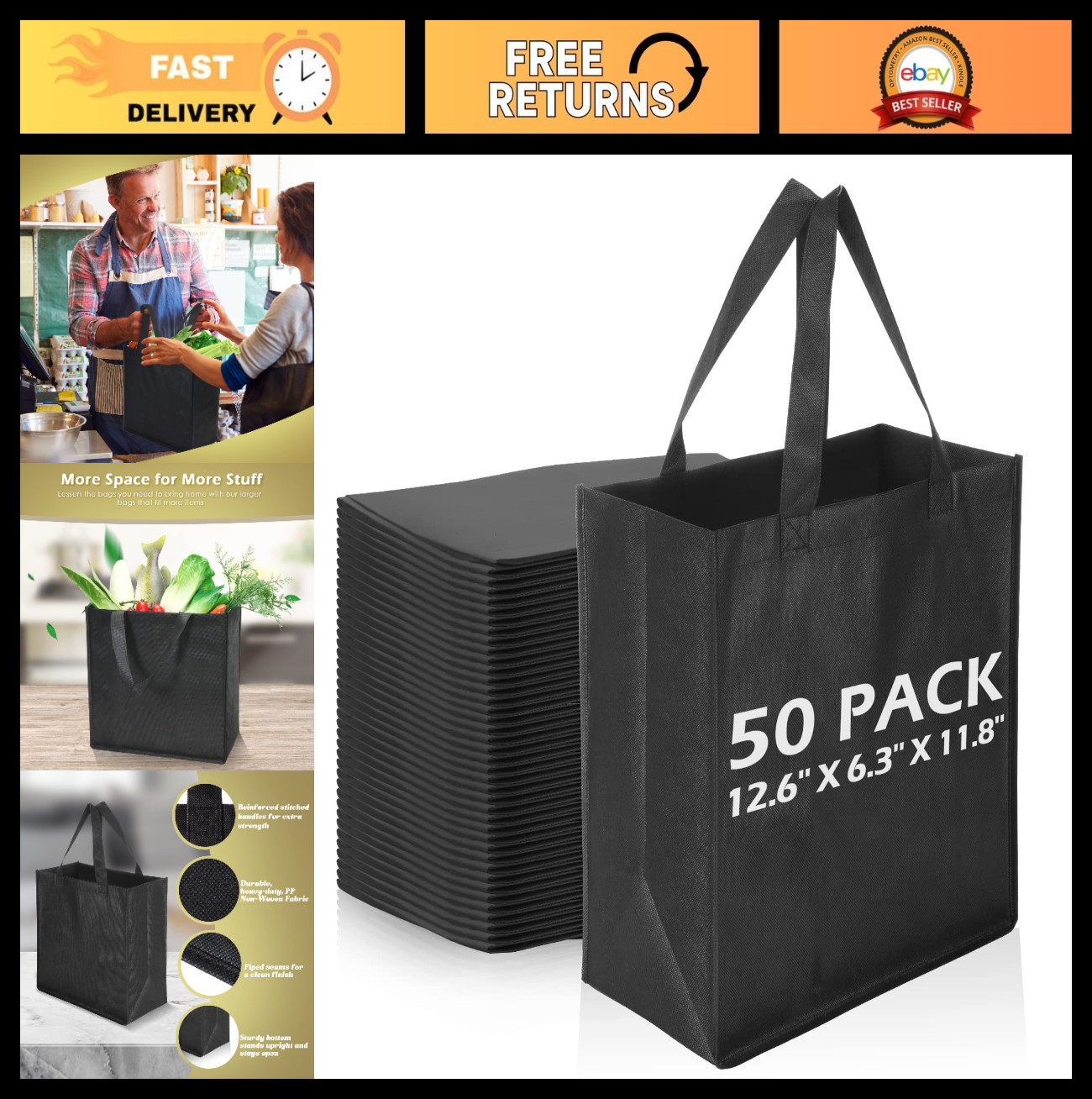 50 Reusable Tote Bags – Bulk Non-Woven Grocery Shopping Handbags with Handles –